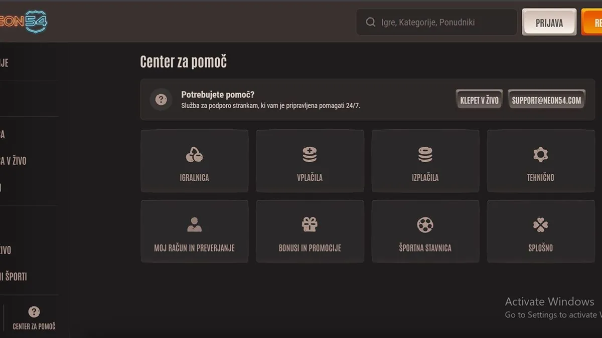 Κέντρο βοήθειας Neon54 Casino