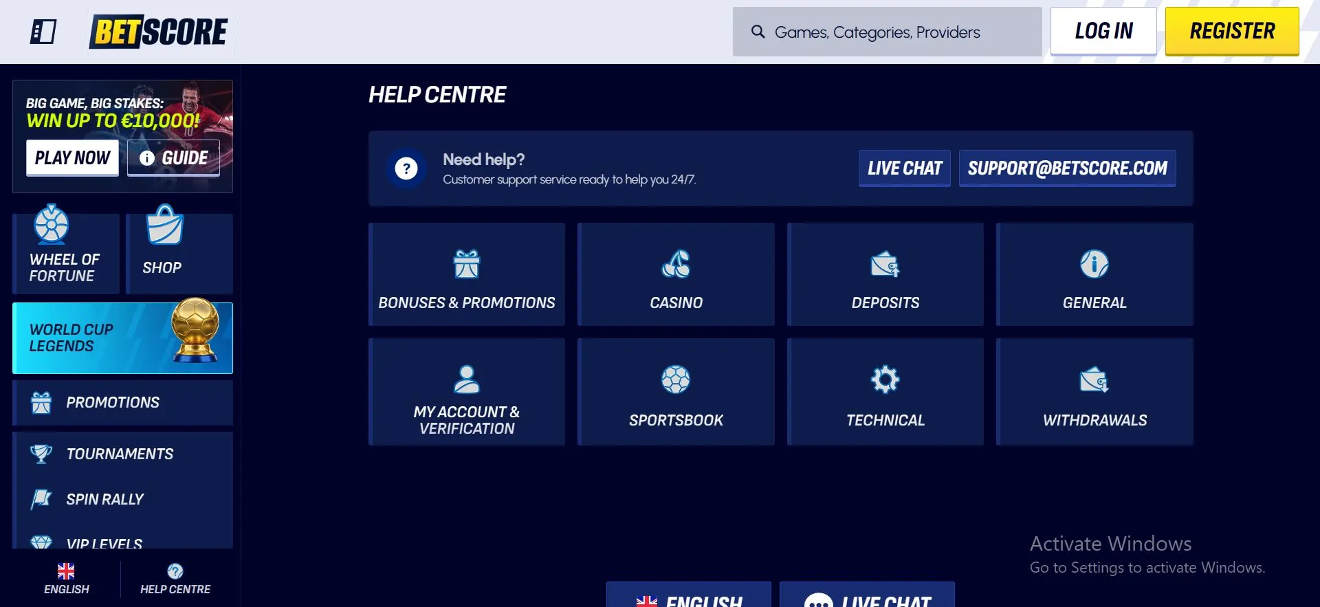 BetScore Casino help centre
